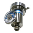 The RKI Calibration Gas Demand Flow Regulator by RKI Instruments includes a stainless steel pressure relief valve and circular gauge on top, utilizing demand flow regulator technology. This device features cylindrical components and fittings designed to regulate pressure in industrial settings, with a clear cap partially covering the gauge for precision control.
