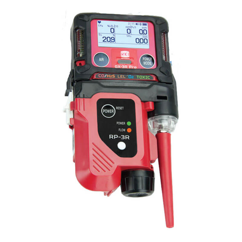 The RKI RP-3R Sample Drawing Pump, designed for the RKI Instruments GX-3R, is a detachable pump that enables reliable multi-gas detection in confined and hazardous spaces with its user-friendly buttons and indicator lights.