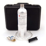 A silver gas cylinder labeled "Calibration Gas" is positioned in front of a black protective case, accompanied by a pressure regulator with gauge, clear tubing, and a black bracket. These components make up the RKI Instruments Manual Calibration Kit for GX-2009 Monitor from PK Safety Supply, an essential set for calibrating gas monitors.