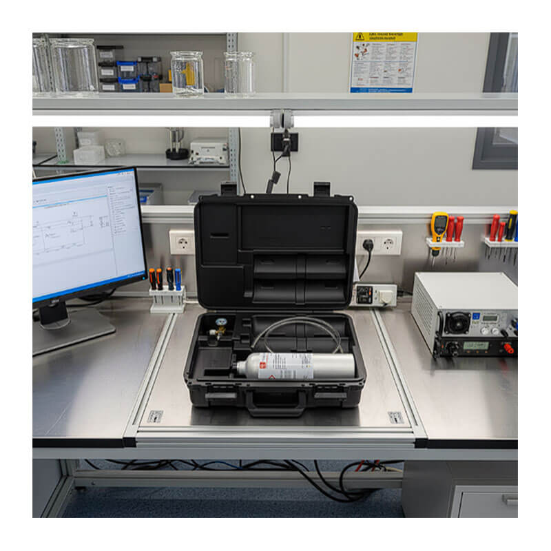 A metal lab bench with a computer, meters, and an RKI Instruments GX-3R/GX-3R Pro Calibration Kit in a black case; various laboratory equipment and glass containers are organized on shelves above.