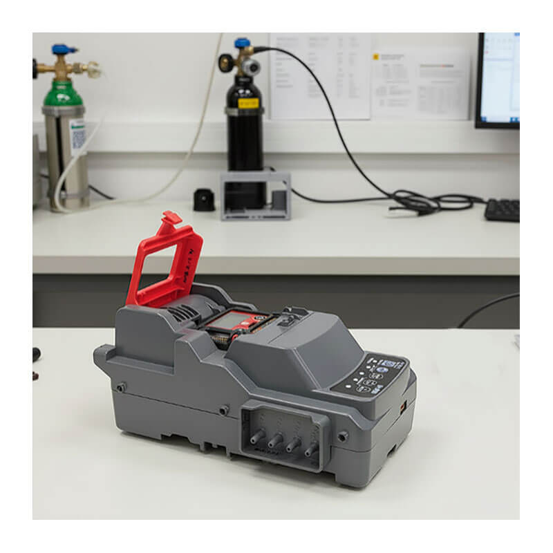 A gray RKI Instruments SDM-3R Stand Alone Calibration Station (81-SDM3R101) with its lid open sits on a lab bench, surrounded by gas cylinders and a monitor—showcasing its role in automated bump testing for gas monitors.