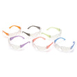 A collection of Pyramex Safety's Mini Intruder glasses, featuring twelve pairs with assorted frame colors such as orange, gray, green, purple, pink, and blue. These clear-lens glasses provide impact protection in compliance with ANSI/ISEA Z87.1-2020 standards and are displayed on a white background in a neat two-row arrangement of three pairs each.