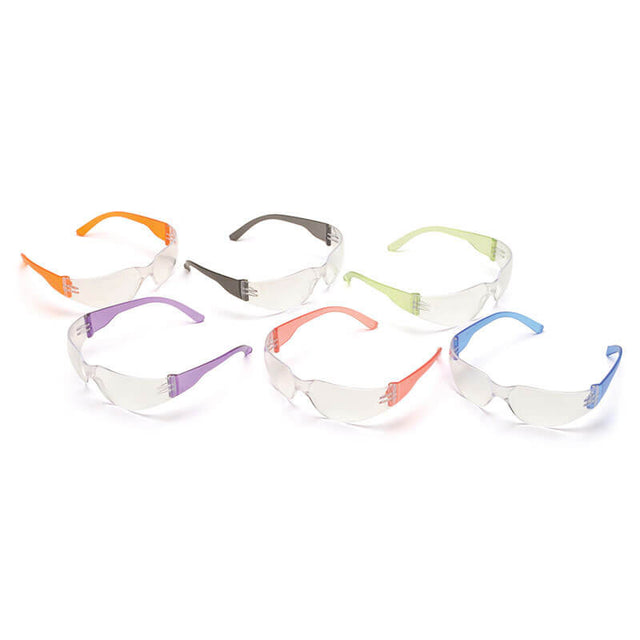 A collection of Pyramex Safety's Mini Intruder glasses, featuring twelve pairs with assorted frame colors such as orange, gray, green, purple, pink, and blue. These clear-lens glasses provide impact protection in compliance with ANSI/ISEA Z87.1-2020 standards and are displayed on a white background in a neat two-row arrangement of three pairs each.