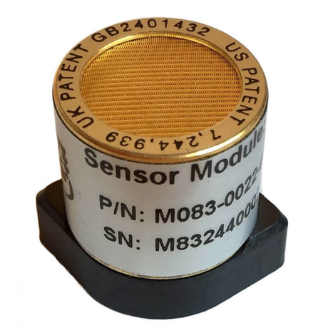 Up-close view of a cylindrical nitrous oxide sensor module featuring a gold mesh top. The visible text displays "mPower POLI MP400P N2O NDIR, 100-1000 ppm Smart Sensor" with part number "P/N: M083-002" and serial number "SN: M83244000." UK and US patent numbers are engraved along the top edge, highlighting the mPower Electronics brand.