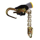 A gloved hand holds a large hook attached to the Frontline Rebar Positioning Chain Assembly w/Swivel PSSW2R by Frontline Fall Production, designed for industrial work positioning and featuring a protective, textured cuff.
