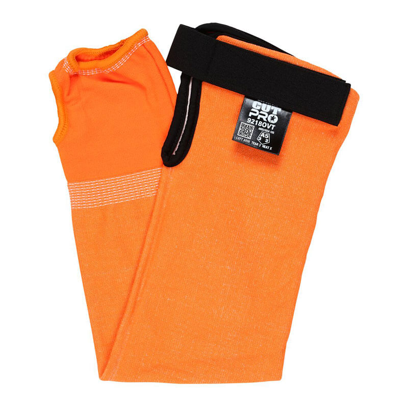 The MCR Safety 13g Hi-Vis HyperMax Cut Pro Sleeve 92_ _OVT features bright orange hi-vis fabric, black adjustable straps, and a white stitched pattern for added safety in sports or industrial use. Sold in packs of 10.