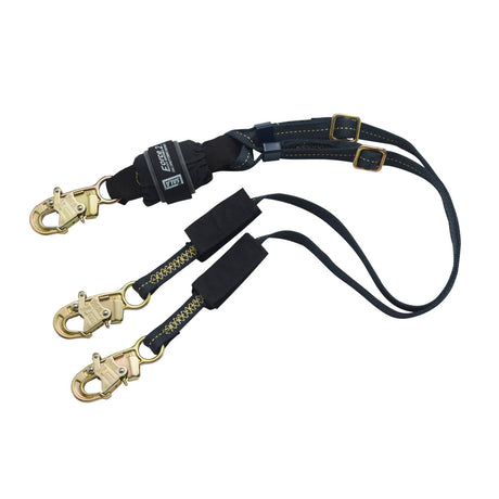 Introducing the 3M DBI-SALA Fall Protection DBI-SALA Force2 Adjustable Shock Absorbing Lanyard 1246320, featuring adjustable straps and durable stitching. This black lanyard is crafted from Nomex/Kevlar fiber and includes two self-locking snap hooks with shock absorbers, specifically designed for fall protection in safety harness systems.