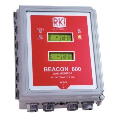 The RKI Beacon 800 Eight Channel Fixed System Gas Detection Controller from RKI Instruments features a red front panel with two digital displays and multiple buttons for alarm and reset functions. Engineered for reliable gas detection, it includes four cable connectors at the bottom and is contained in a sturdy NEMA 4X enclosure.