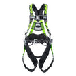 The Miller AirCore Tower Climbing Harness with Steel Hardware, a crucial piece of equipment from Miller Fall Protection, is designed in green and black with metal buckles and adjustable straps to ensure fall protection while working at heights. It is equipped with padded shoulder, leg, and back supports to enhance comfort.