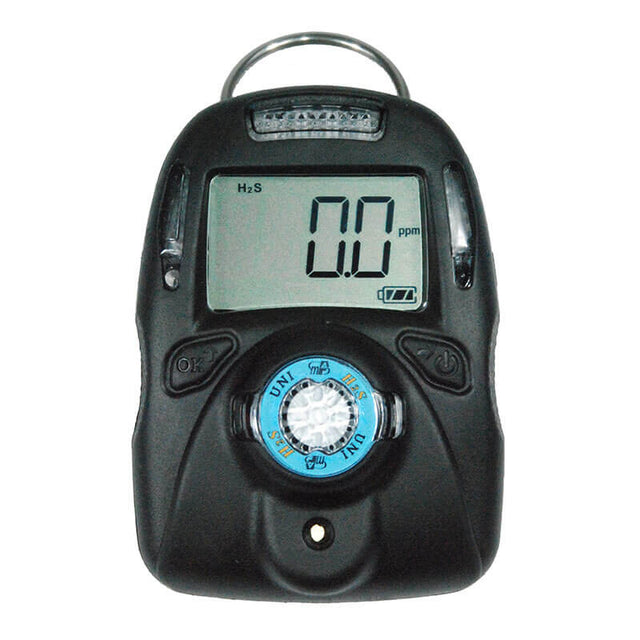 The mPower UNI MP100 H2S (100ppm) Single Gas Detector M001-0054-000 by mPower Electronics is a black digital device equipped with a display reading "0.0 ppm" for H2S detection. It includes multiple buttons and a top-mounted ring, underscoring its importance as a personal gas monitor in maintaining industrial hygiene.