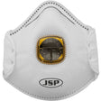 The PIP JSP N95 Disposable Respirator with Valve 272-RPD725N95, available in a pack of 10, is designed in white and includes a central yellow vent along with an adjustable nose piece. The PIP - Protective Industrial Products branding on the mask indicates that it is certified as an NIOSH-approved design.