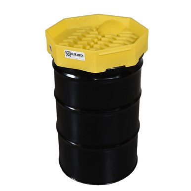 The UltraTech Bung Access Model Drum Funnels 0482 by UltraTech International is a black industrial barrel with a yellow, octagonal spill containment lid designed for safely holding and transporting liquids. The lid features grooved patterns, a small label, and convenient drum bung access for ease of use.