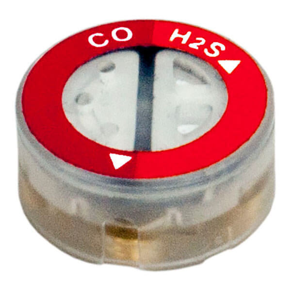 The RKI Replacement CO/H2S Sensor ESR-A1DP-COHS from RKI Instruments is a small, round sensor with a red top featuring "CO" and "H2S" labeled in white text. This crucial component for gas detection parts includes two sections divided diagonally and a transparent lower half, ensuring precise gas detection in critical environments.