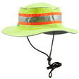 The Berne Hi-Vis Yellow Bucket Hat HVA157YW400 is a bright yellow hat with a wide brim, featuring orange and silver reflective taping. This high-visibility accessory includes mesh panels for ventilation and an adjustable chin strap with a toggle.