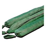 Three green filter socks from UltraTech International, similar in appearance to sandbags with handles on one end, are showcased against a white background. Perfect for stormwater protection, these UltraTech Filter Socks excel at effectively managing pollutant removal.