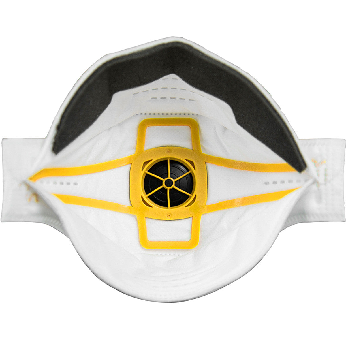 A close-up view of a white PIP Springfit N95 Flat Fold Disposable Respirator with a yellow valve and straps showcases the mask's black circular filter at the center of the valve, designed to protect the wearer by filtering airborne particles.