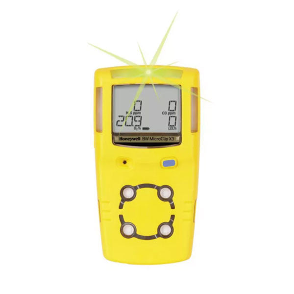 A BW Honeywell GasAlert MicroClip X3 4-Gas Detector MCX3-XWHM-Y-NA in yellow comes equipped with a digital display showcasing readings, a circular button layout, and a green LED indicator light above the screen. This versatile device includes an O2 sensor for comprehensive detection.