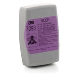 The image shows a pair of 3M 7093 P100 Particulate Filters. This NIOSH-approved respirator accessory includes a purple label with multilingual text, featuring a pictogram of someone wearing the respirator and detailed usage instructions.