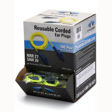 A box of Pyramex Corded Triple Flange Reusable Earplugs, which contains 100 pairs, highlights the brand "Pyramex Safety" and features noise reduction ratings of NRR 27 and SNR 26. The reusable blue earplugs are prominently displayed in the open section of the box.