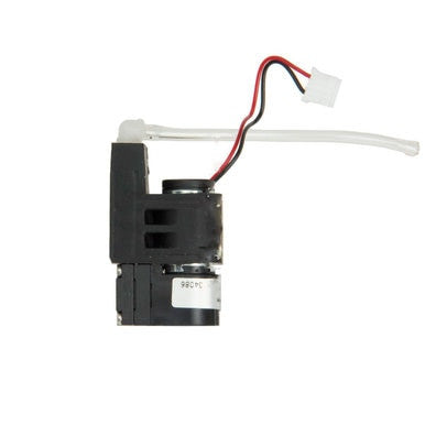 A compact electric motor, akin to those in the BW Honeywell Replacement Pump Kit XT-RPUMP-K1, featuring black and silver components with attached wiring and a white connector. It has a cylindrical design partially enclosed in black plastic casing, accompanied by a clear tube extending from the top as part of its assembly.