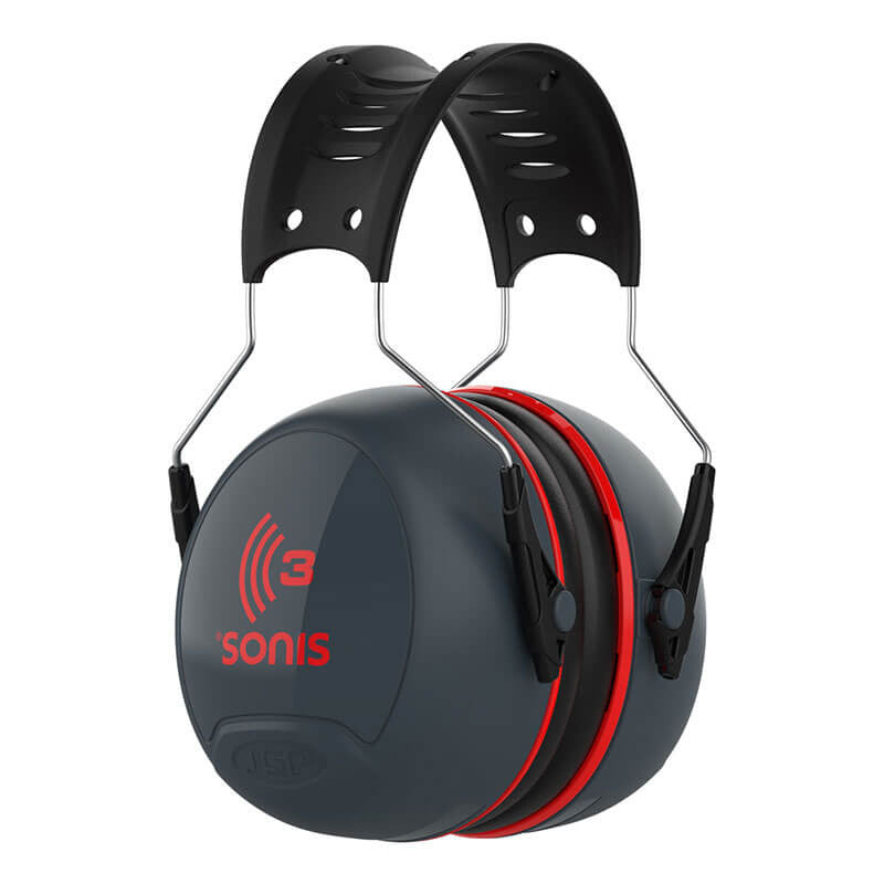 The PIP Sonis 3 Passive Ear Muff with Adjustable Headband 262-AEB040-HB features an NRR 31 rating and showcases a stylish black and gray design highlighted with red accents. The adjustable headband ensures a perfect fit, while the Protective Industrial Products (PIP) brand logo is prominently displayed on the ear cups.