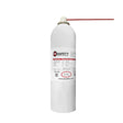 A PK Safety fire extinguisher in white, featuring a red nozzle and detailed label, is ideal for environments utilizing calibration gas. It offers a capacity of 1 liter and is displayed against a plain white background to ensure any potential hazards are clearly visible.