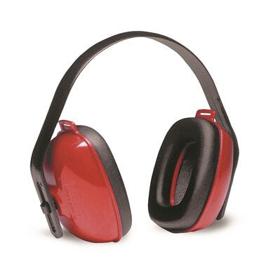 The Howard Leight Ultra-Lightweight Earmuff QM24+, featuring a striking red and black color scheme, offers padded ear cups and an adjustable headband, engineered for high visibility and effective noise reduction.