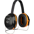 The PIP V2 Ear Muff with Neckband 263-V2NB, in a striking black and orange design, boasts a padded headband and is marked with the "PIP V2" logo on the ear cups. Offering an NRR of 25, these earmuffs from Protective Industrial Products are expertly crafted for superior hearing protection.