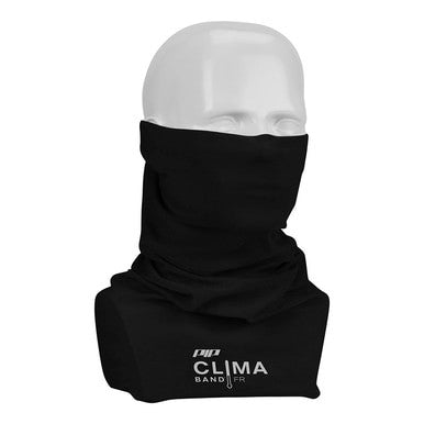 Displayed on a mannequin, the PIP FR Clima-Band 395-250FR-B is a black gaiter that covers the neck and lower face. It is crafted from smooth, moisture-wicking fabric and features "PIP CLIMA BAND F R" printed in white at the bottom. Designed by Protective Industrial Products (PIP) for both comfort and safety, this garment is an ideal choice for protection.