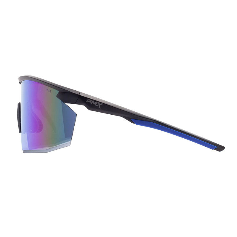 Side view of the Pyramex PMXSPEC Blue Mirror Safety Glasses showcasing a sleek design with a black frame and iridescent lenses that provide UV protection. The arms are highlighted with blue accents, and the "PMX" logo is prominently displayed near the hinge, ensuring both style and safety.