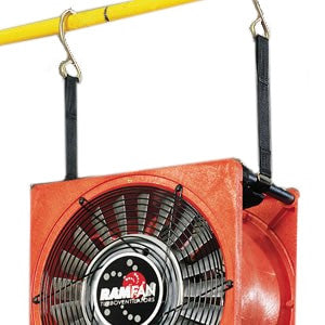 A red Euramco RamFan EFC50 Smoke Ejector is securely attached to a yellow door bar hanger using black straps and metal hooks, making it ideal for confined space operations. This efficient ventilation system includes a prominent circular grille on the front.