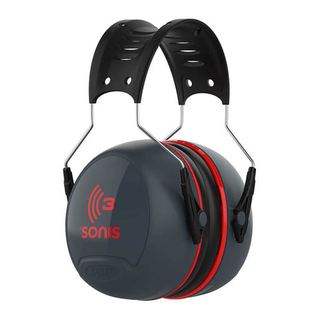 The PIP Sonis 3 Full Brim Mounted Passive Ear Muff (262-AEB040-FB) by Protective Industrial Products features black headbands with gray ear cups and distinctive red accents accompanied by "Sonis" branding on the side. These passive ear protection devices provide exceptional sound isolation with an impressive Noise Reduction Rating (NRR) of 31.