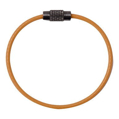 An orange PIP Wire Sling with Screw Gate 533-100802 features a slender tethering cable loop and a textured black metal clasp on a white background.