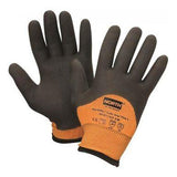 The NorthFlex Cold Grip Plus 5 NFD11HD work gloves, available in packs of 12 pairs, feature black palms and orange backs for enhanced grip, protection, and thermal insulation. These cut-resistant gloves have a textured surface on the palm and a knitted wrist fabric, making them ideal for demanding tasks.