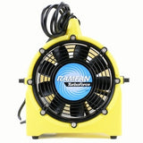 A circular, yellow industrial fan branded as "Euramco" with a blue label at its center is highlighted by the product name "RamFan UB20 8 in. 115V Blower and Exhauster." This portable blower includes a black grille and a coiled power cord on top, making it adaptable for various settings.