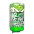 The Moldex Glide Foam Twist-In Ear PlugStation Dispenser 4/case features a stylish, wall-mounted design with a green and clear aesthetic, containing individually wrapped Moldex Glide foam earplugs. This hearing protection system includes labels that highlight essential product information and branding.