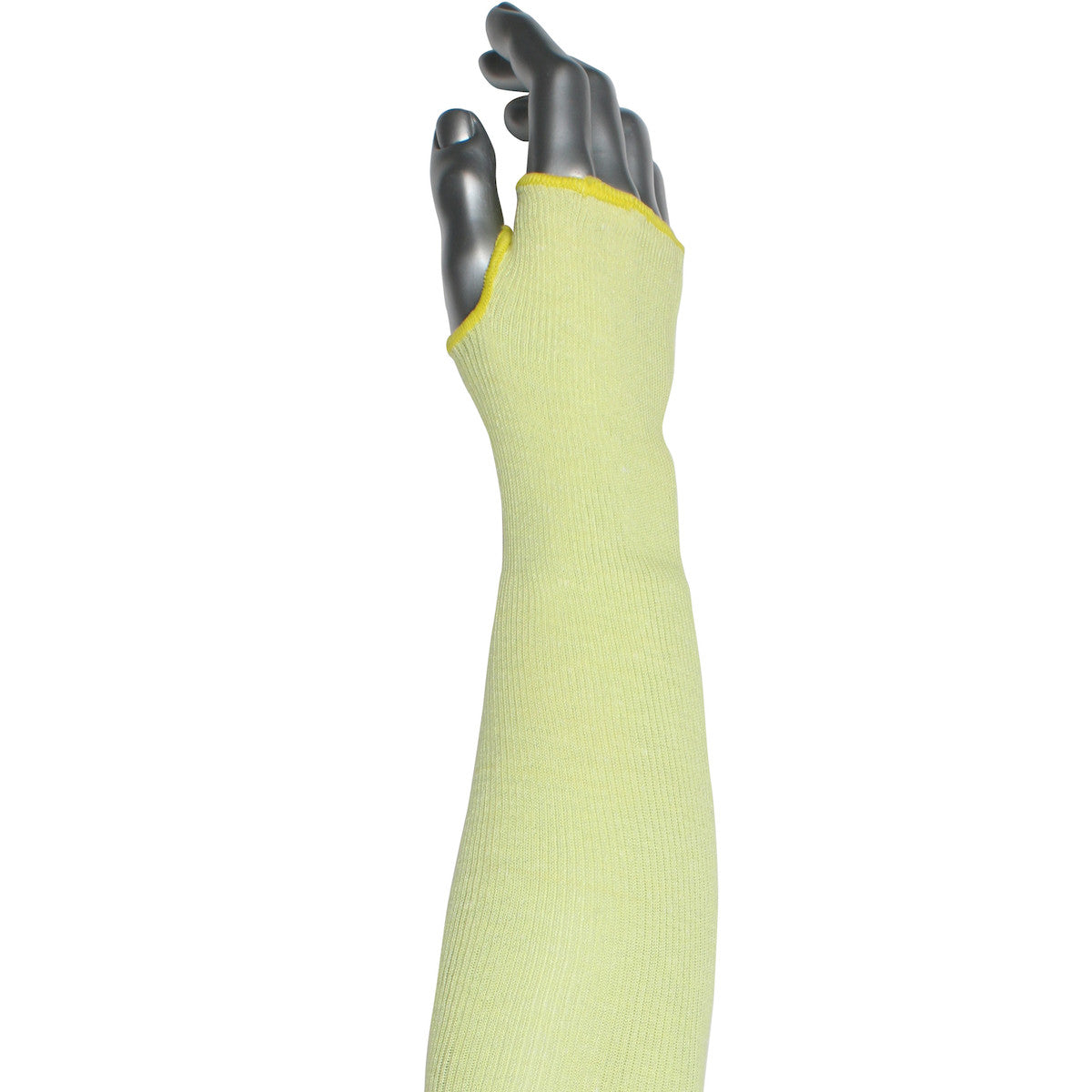 The PIP Kut Gard Yellow Sleeve 18" MS1ATA2X2.5-18T, crafted by PIP - Protective Industrial Products, is exhibited on a gray mannequin hand and extends from the wrist past the elbow in a vibrant yellow color. This safety sleeve incorporates ATA Technology to provide cut protection and conforms to ANSI CUT LEVEL A4 standards, ensuring peace of mind.