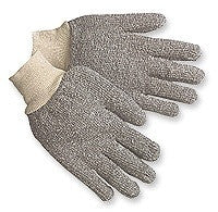 A pair of MCR Safety Terry Cloth Knit Wrist Gloves 9420KM, featuring gray knitted fabric and beige elastic cuffs, resembling cotton safety gloves, are placed together with one glove slightly overlapping the other on a white background.