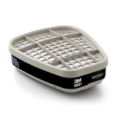 Detailed view of the 3M Organic Vapor Cartridge 6001 (Pair). This NIOSH-approved filter from 3M features a beige body with a black band displaying the model number and brand name. The top part has a grid-like design that ensures efficient air filtration.