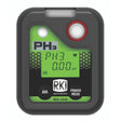 An RKI Instruments SC-04 Series PH3 single gas monitor (model 73-0079) displays "0.00 ppm" on its screen. The device, featuring a black exterior with a green interface, includes buttons labeled "Air" and "Power Mode." This personal toxic gas monitor is IP-67 rated for superior protection.