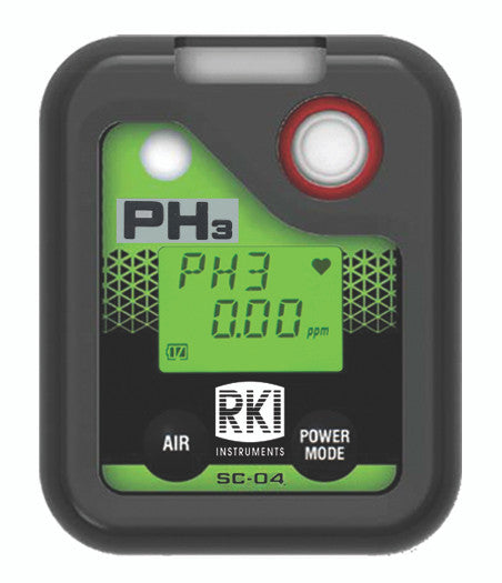 An RKI Instruments SC-04 Series PH3 single gas monitor (model 73-0079) displays "0.00 ppm" on its screen. The device, featuring a black exterior with a green interface, includes buttons labeled "Air" and "Power Mode." This personal toxic gas monitor is IP-67 rated for superior protection.