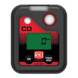 The RKI Instruments CO-04 Series CO Single Gas Monitor 73-0065 is a stylish device with a black and red design. It features a green display screen reading "0 ppm." This monitor is perfect for personal CO monitoring, proudly displaying the RKI Instruments logo. It includes buttons labeled "Air" and "Power Mode," along with replaceable sensors and filters.