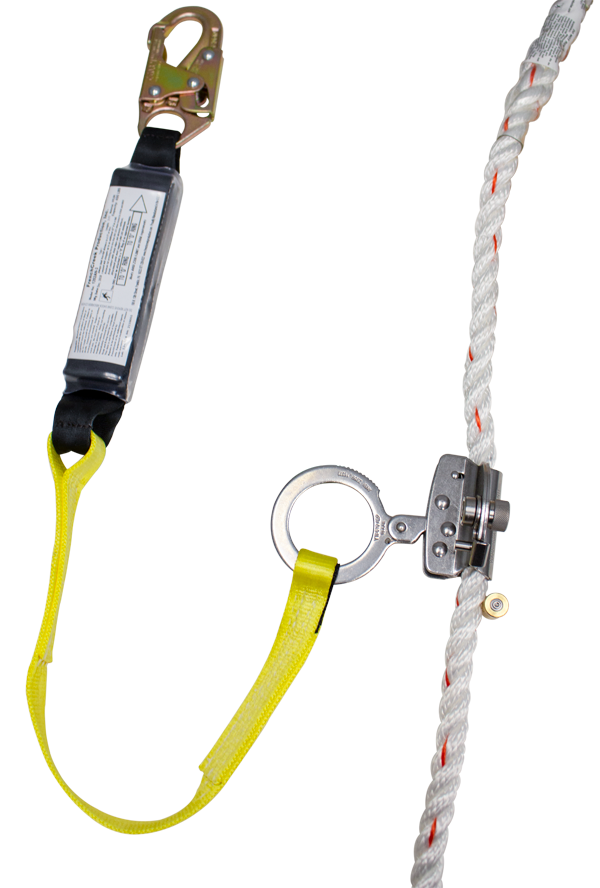 The French Creek Rope Grab w/Shock-Absorbing Lanyard 1202AN-3 by French Creek Production is a fall protection harness rope system that includes a reliable rope grab device, metal clip, and an attached yellow shock-absorbing lanyard. It features the grab device on a sturdy white rope with red accents to ensure maximum safety during falls.