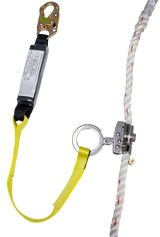 The French Creek Rope Grab w/Shock-Absorbing Lanyard 1202AN-3 by French Creek Production is a fall protection harness rope system that includes a reliable rope grab device, metal clip, and an attached yellow shock-absorbing lanyard. It features the grab device on a sturdy white rope with red accents to ensure maximum safety during falls.