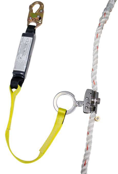 The French Creek Rope Grab w/Shock-Absorbing Lanyard 1202AN-3 by French Creek Production is a fall protection harness rope system that includes a reliable rope grab device, metal clip, and an attached yellow shock-absorbing lanyard. It features the grab device on a sturdy white rope with red accents to ensure maximum safety during falls.