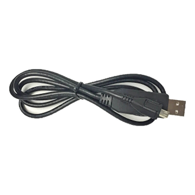 The mPower POLI MP400 Communication Cable M410-0017-001, a coiled black USB cable with a standard USB-A connector on one end and a micro USB connector on the other, showcased against a plain white background, highlights mPower Electronics' commitment to dependable connectivity solutions.