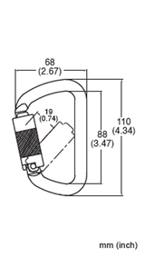 The French Creek Production Steel Twist-Lock Carabiner 354-2Z features a detailed technical diagram ideal for fall protection, with precise measurements. The width is 68 mm (2.67 inches) and the height is 110 mm (4.34 inches). It includes additional internal dimensions labeled in both millimeters and inches, adhering to ANSI Z359 standards.