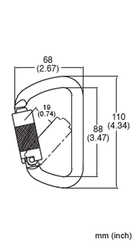 The French Creek Production Steel Twist-Lock Carabiner 354-2Z features a detailed technical diagram ideal for fall protection, with precise measurements. The width is 68 mm (2.67 inches) and the height is 110 mm (4.34 inches). It includes additional internal dimensions labeled in both millimeters and inches, adhering to ANSI Z359 standards.