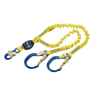 The 3M DBI-SALA Fall Protection DBI-SALA EZ-Stop 100 Pct. Tie-Off Shock Absorbing Lanyard 1246193 is yellow and includes blue shock absorbers, featuring a dual carabiner design and self-locking snap hooks for secure attachment, commonly used in industrial settings for fall protection.