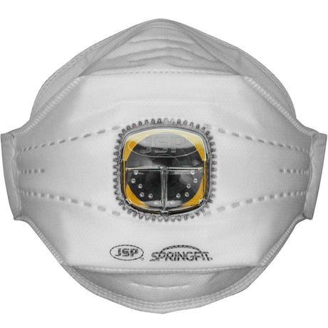 A white PIP Springfit N95 flat-fold disposable respirator mask featuring a centrally positioned valve and visible stitching. The words "PIP" and "Springfit" are printed on it, underscoring its reliability among disposable masks.